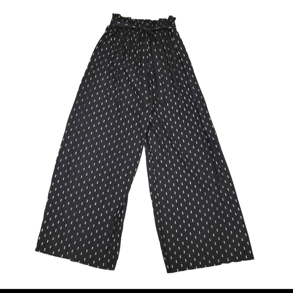 Wide leg polka-dot accordion pleated elastic waist tie belt pants